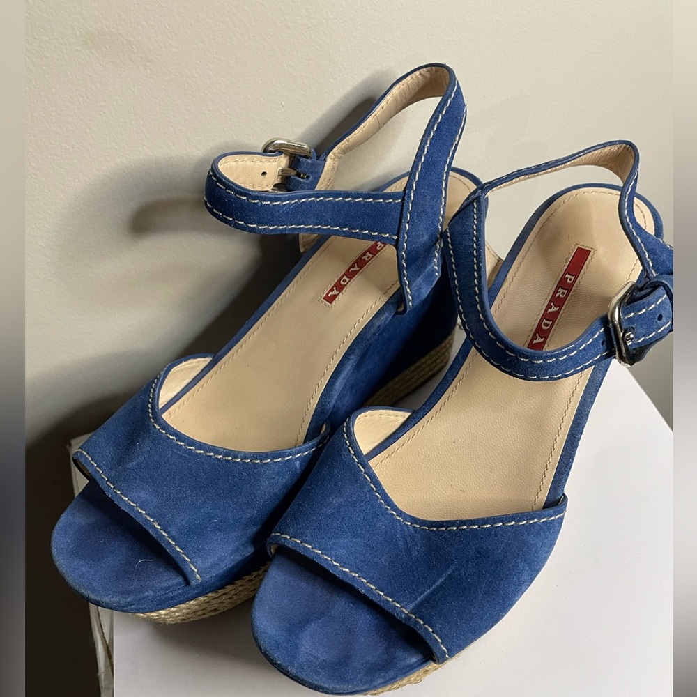 Prada 3XZ170 Blue Suede Espadrille Wedge Sandals Size | 38 1/2
